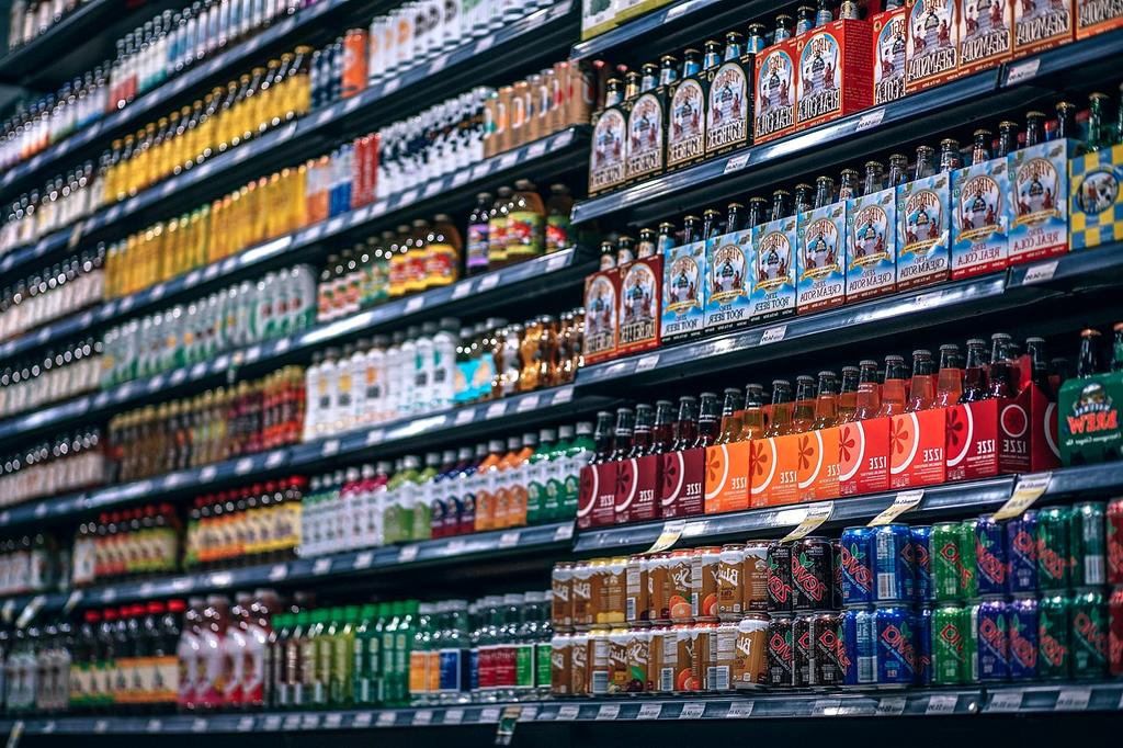 Supermarket warehouse shelves filled with products